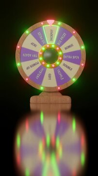 Spinning prize wheel with colorful lights and reflections on black background