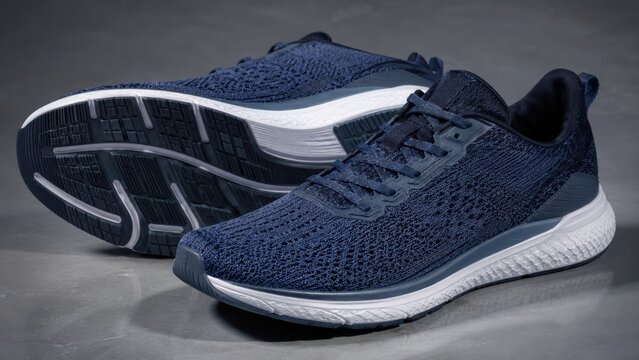 pair of navy blue athletic running shoes with white soles displayed on a gray surface.