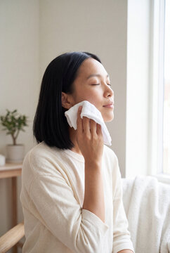 Calm woman gently wiping her face with a soft cloth for facial cleansing routine and skincare background
