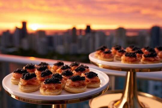 Gourmet appetizers on gold stands with a city skyline sunset