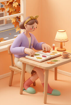 Cute stylized character crafting an autumn leaf collage at a cozy desk fall scene for seasonal background and kids activity poster design