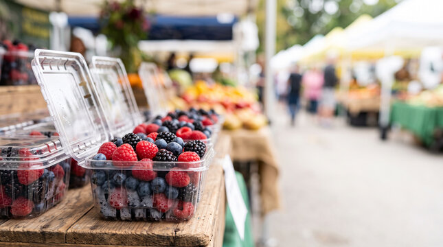 Fresh mixed berries in clear clamshell containers on a wooden table at an outdoor farmers market for food background and banner design