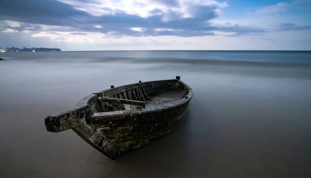 Abandoned wooden rowboat on a misty seashore.
