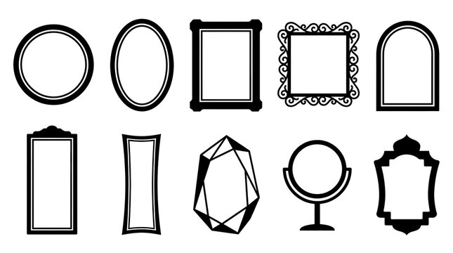 Mirror shapes and picture frame types silhouette vector icon set including round mirror, oval mirror, rectangular frame, ornate vintage frame, arched mirror, standing vanity mirror, geometric mirror a