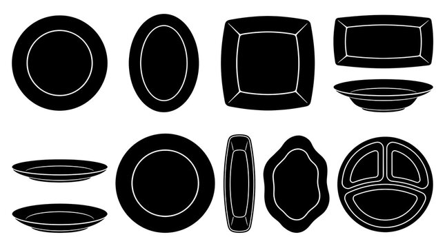 Plate shapes and dishware silhouette vector icon set including round dinner plate, oval platter, square plate, rectangular dish, deep soup plate, divided thali plate and decorative platter
