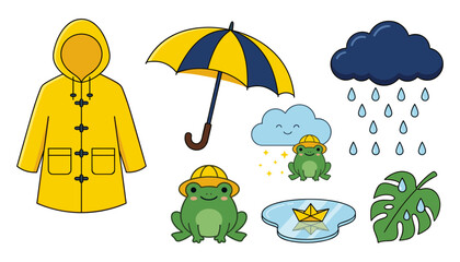 Fototapeta premium Cute Rainy Day Vector Element Set with Yellow Raincoat Umbrella Cute Frog Characters Monstera Leaf Storm Cloud and Paper Boat for Kids Monsoon Graphic Designs