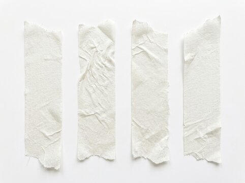 Four strips of torn white masking tape isolated on white background