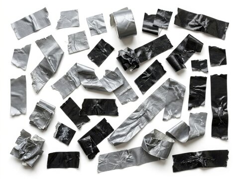 Collection of various silver and black duct tape pieces isolated on white background