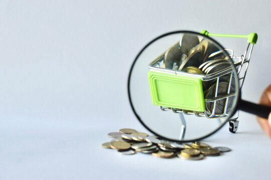 Magnifying glass focusing on a miniature shopping cart packed with coins and a small pile of change nearby, illustrating consumer price analysis, inflation tracking, and financial inspection.