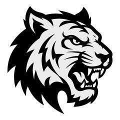 Obraz premium Fierce tiger head illustration with open mouth and sharp teeth in black and white