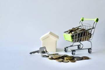Miniature shopping cart full of coins positioned near a house model, house key, and loose coins, symbolizing real estate transactions, home buyer financing, and property purchasing. © Akram
