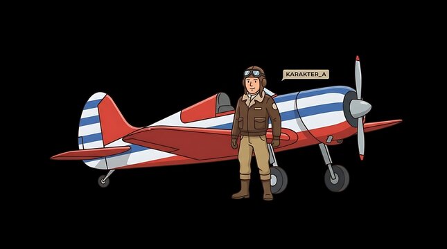 Cartoon aviator pilot standing by vintage propeller airplane.