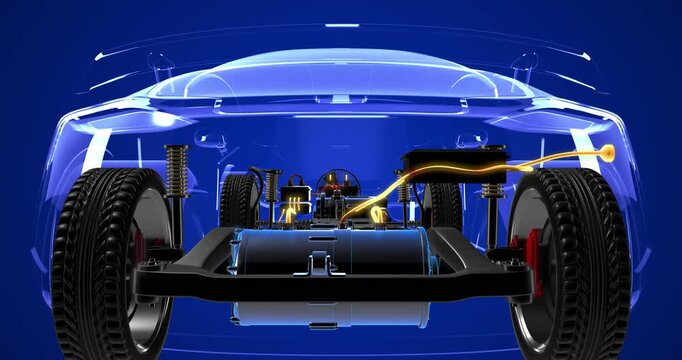 3D render of electric car chassis showing internal battery pack and mechanical components. EV Cars Technology Related 4K 3D Animation.