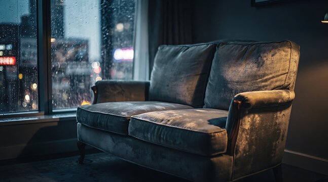 Cozy Sofa by Rainy Window with City Lights at Night.