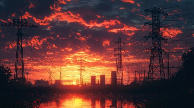 Silhouetted power lines and towers stand against a fiery red sunset sky with clouds reflecting on the water below in the.