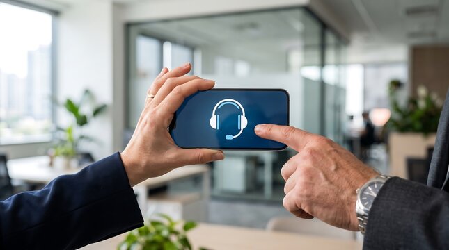Man using smartphone to scan a holographic projection in a modern office space