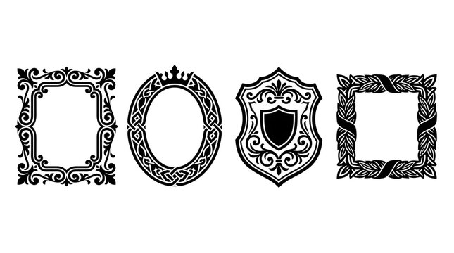 Set of vintage black ornate frame border silhouettes.