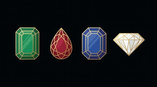 Stylized gemstone icons including emerald and diamond.