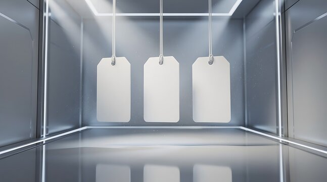 Three blank white tags hanging in a modern futuristic display case with bright lights.