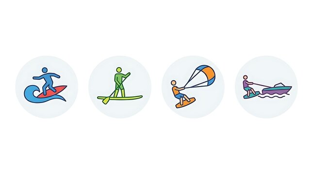 Water sport circular icons depicting summer sea activities.