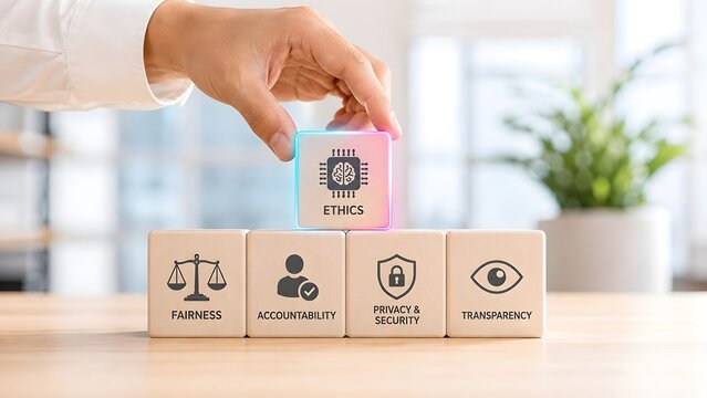Hand placing a glowing ethics block on top of wooden blocks representing fairness, accountability, privacy, security, and transparency for responsible AI