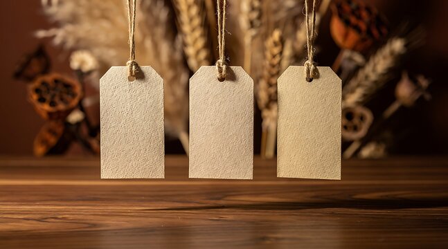 Three blank rustic tags hanging on strings with a blurred autumn background.