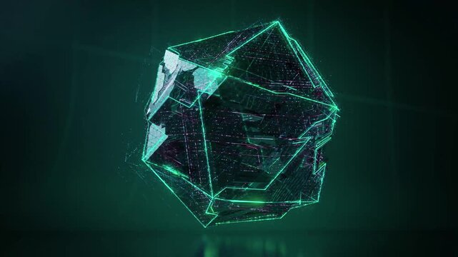 The object is adorned with light-green and magenta neon lines, digital circuit textures, glitch effects, and pulsating particles that swirl dynamically against a dark background.