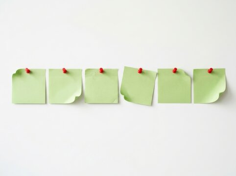 Row of light green sticky notes pinned to a white wall