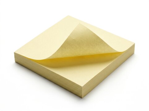 A stack of yellow sticky notes with the top sheet peeling back isolated on white background