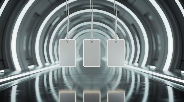 Futuristic Tunnel with Hanging Rectangular Signs and Glowing Lights.