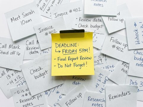 Deadline reminder written on a yellow sticky note surrounded by cluttered notes and paperwork