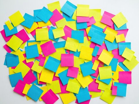 A large collection of colorful sticky notes scattered on a white surface