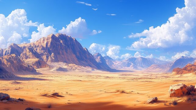 A vast desert landscape features rolling sand dunes leading to rugged rocky mountains under a bright blue sky with fluffy white.