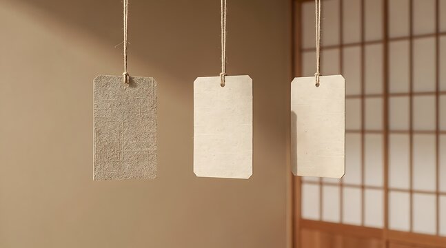 Three blank tags hanging on strings in front of a Japanese shoji screen.