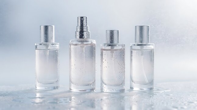 Four elegant glass perfume bottles with silver caps arranged on a reflective surface.
