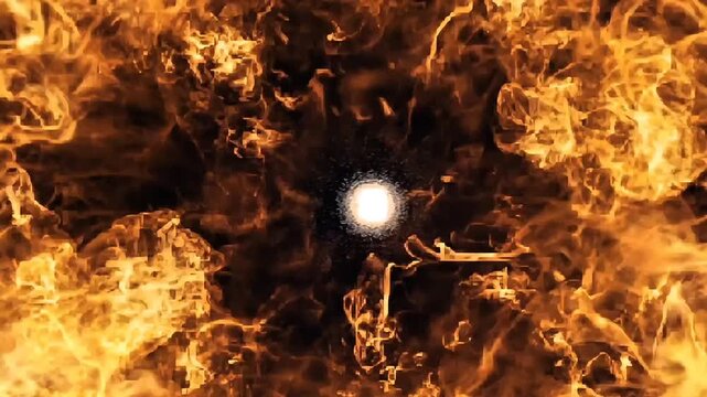 Animated graphic video featuring an abstract tunnel of fire with a bright light at the center of the fiery vortex.
