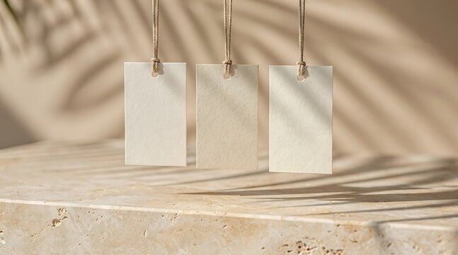 Three blank hanging tags on a textured surface with palm leaf shadows.