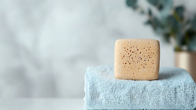Light beige square sponge on light blue towel