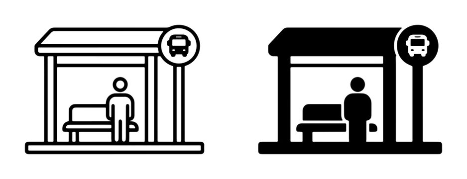 Bus Stop Icons, Public Transport Shelter, Waiting Passenger, Urban Transit Symbols, Silhouette, Line Art, Black and White Vector Graphics