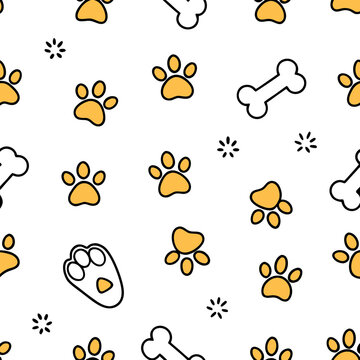 Dog paw print pattern with yellow tracks and bones on transparent background creates playful pet care design for veterinary branding.