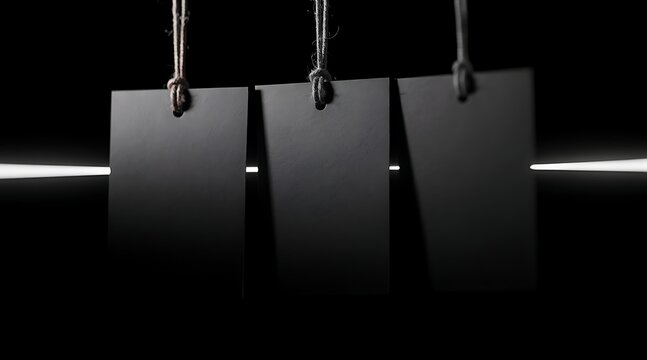 Three blank black tags hanging on strings against a dark background with bright light beams.
