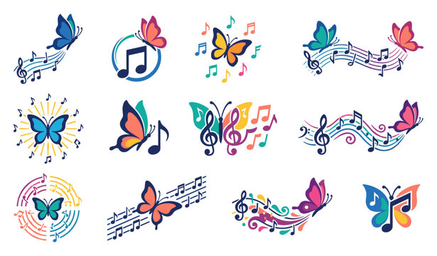 Musical butterfly vector illustration collection featuring colorful music note icons and melodic treble clef flying insect graphic design elements bundle
