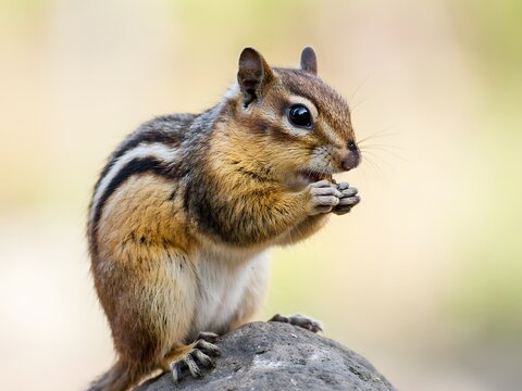 Close-up portrait of wild chipmunk perched on rock in natural outdoor setting with soft sunlight