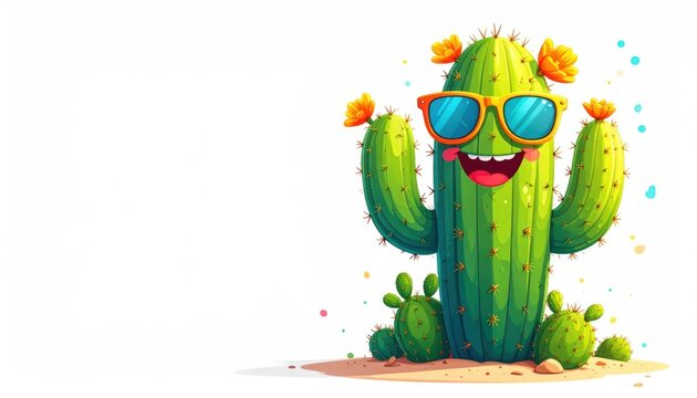 Happy cartoon cactus character wearing sunglasses.
