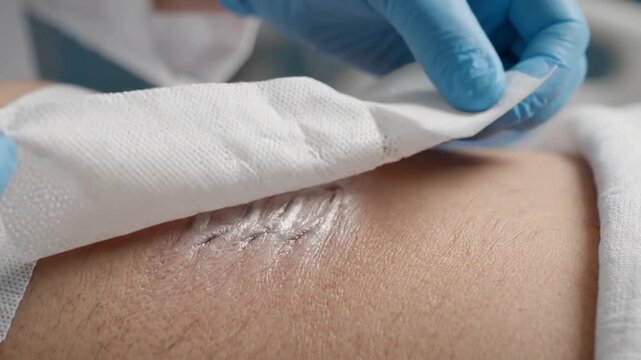 Medical professional removing surgical bandage from patient skin.