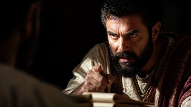 Bearded steward urgently confronting a debtor over an account scroll. Biblical parable of the dishonest manager, ancient wealth, debt, judgment, and moral choice.