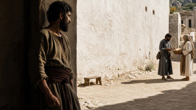 Steward secretly observes a debtor exchanging bread in an ancient village. Biblical parable of the shrewd manager, debt, survival, strategy, and moral choice.