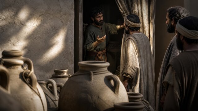 Biblical steward secretly summons debtors to negotiate oil and grain accounts in an ancient household. Dramatic illustration of the parable of the dishonest manager and worldly wisdom.