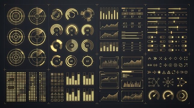 Futuristic HUD UI elements set, golden digital dashboard interface, glowing sci-fi data visualization charts and graphs for gaming