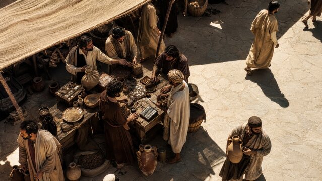 Ancient market scene with men trading grain, pottery, and coins. Biblical illustration of commerce, stewardship, wealth, and the parable of the dishonest manager.